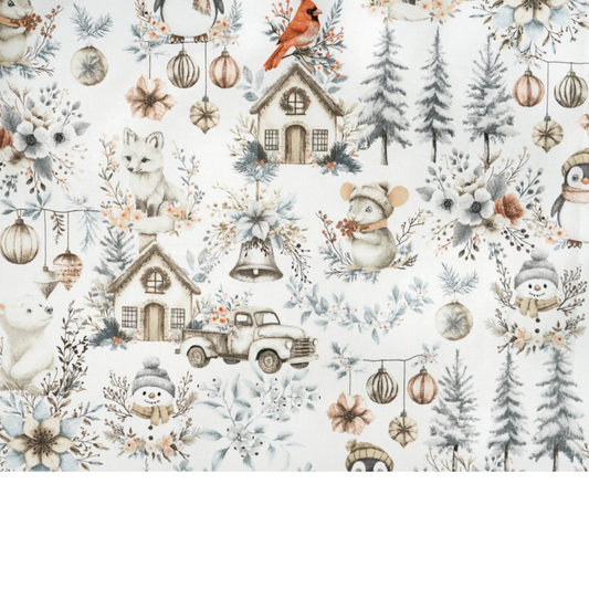 Tissu coton Motif Noël - gris et beige