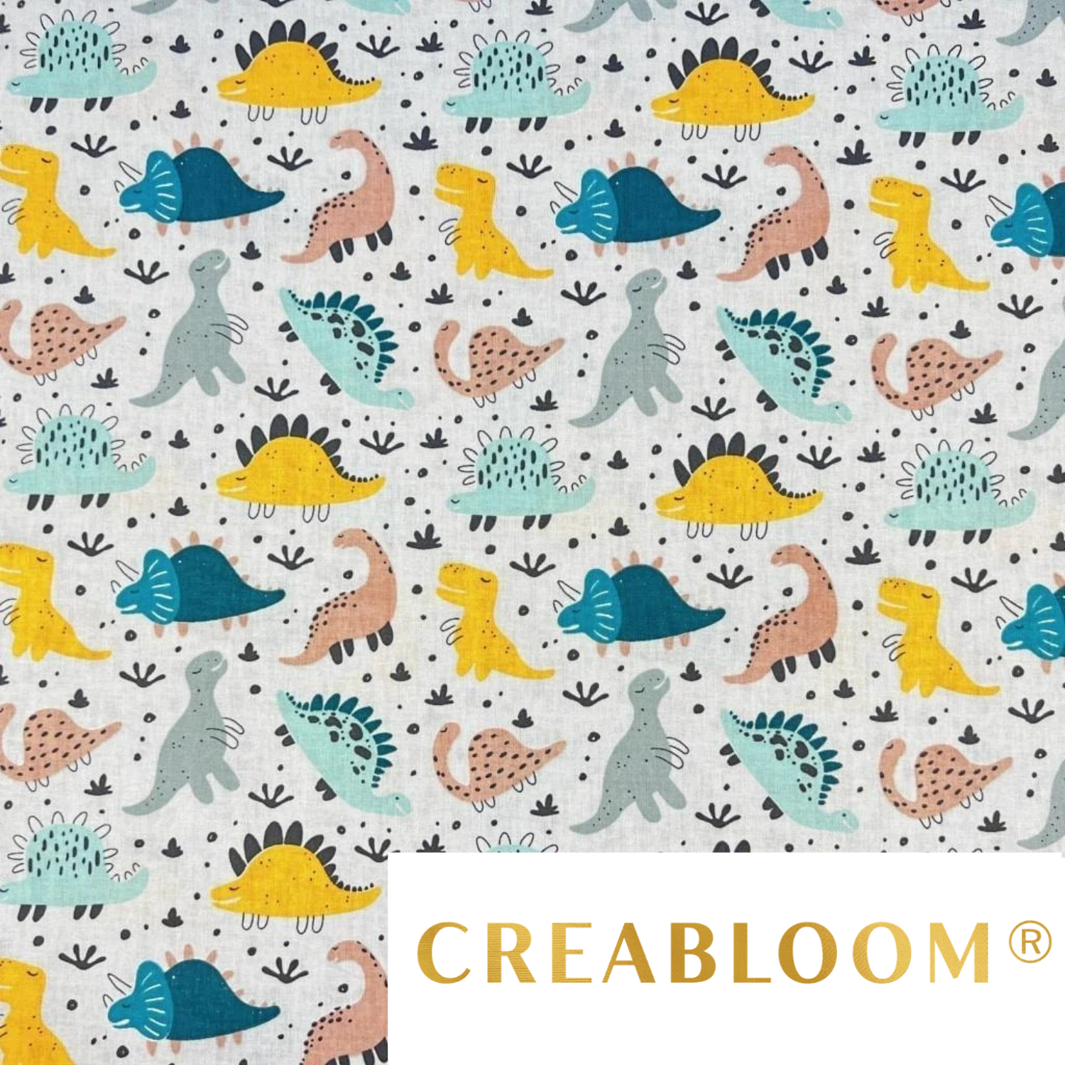 Tissu Coton Motif Dinosaures Fond Gris
