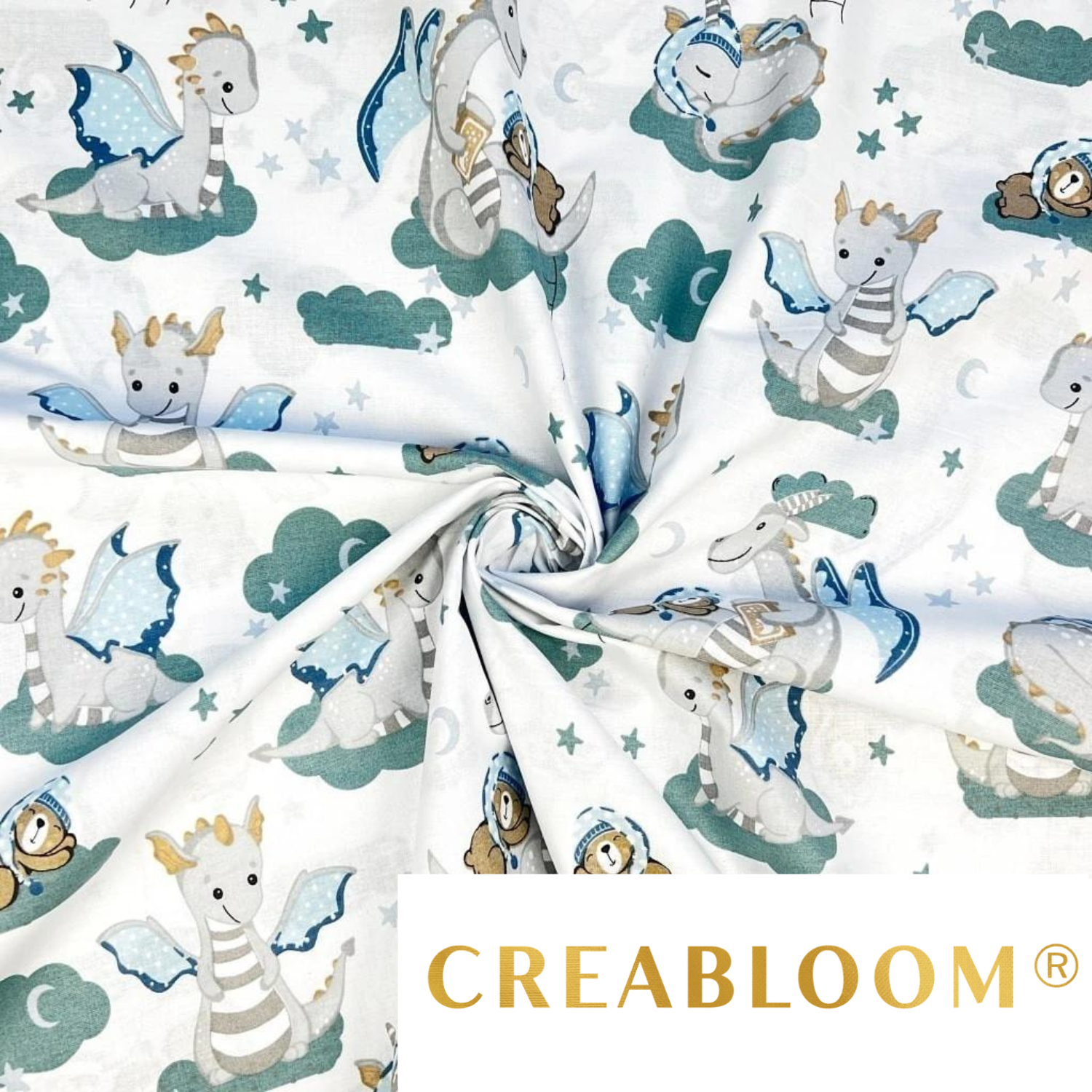 Tissu Coton Motif Dragons Fond Blanc