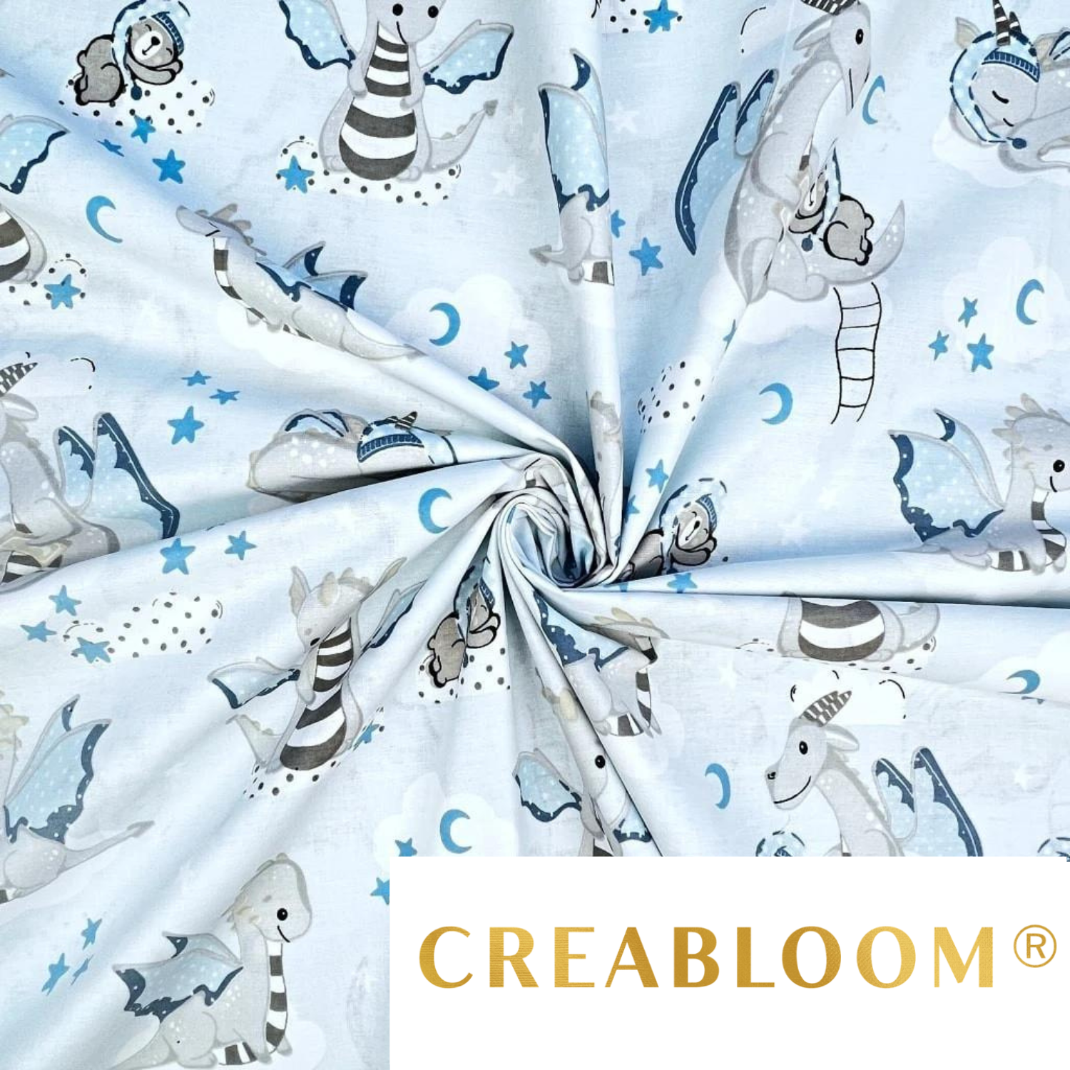 Tissu Coton Motif Dragons Fond Bleu
