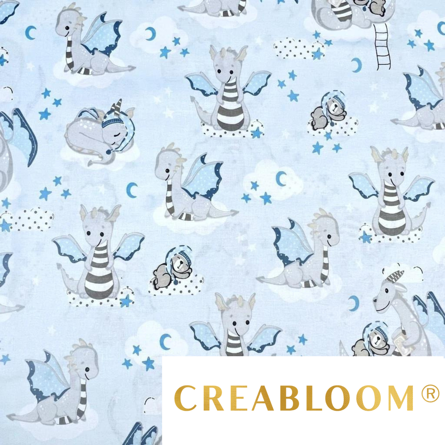 Tissu Coton Motif Dragons Fond Bleu