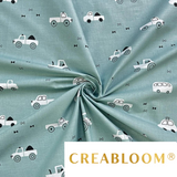 Tissu Coton Motif Voitures Fond Sauge