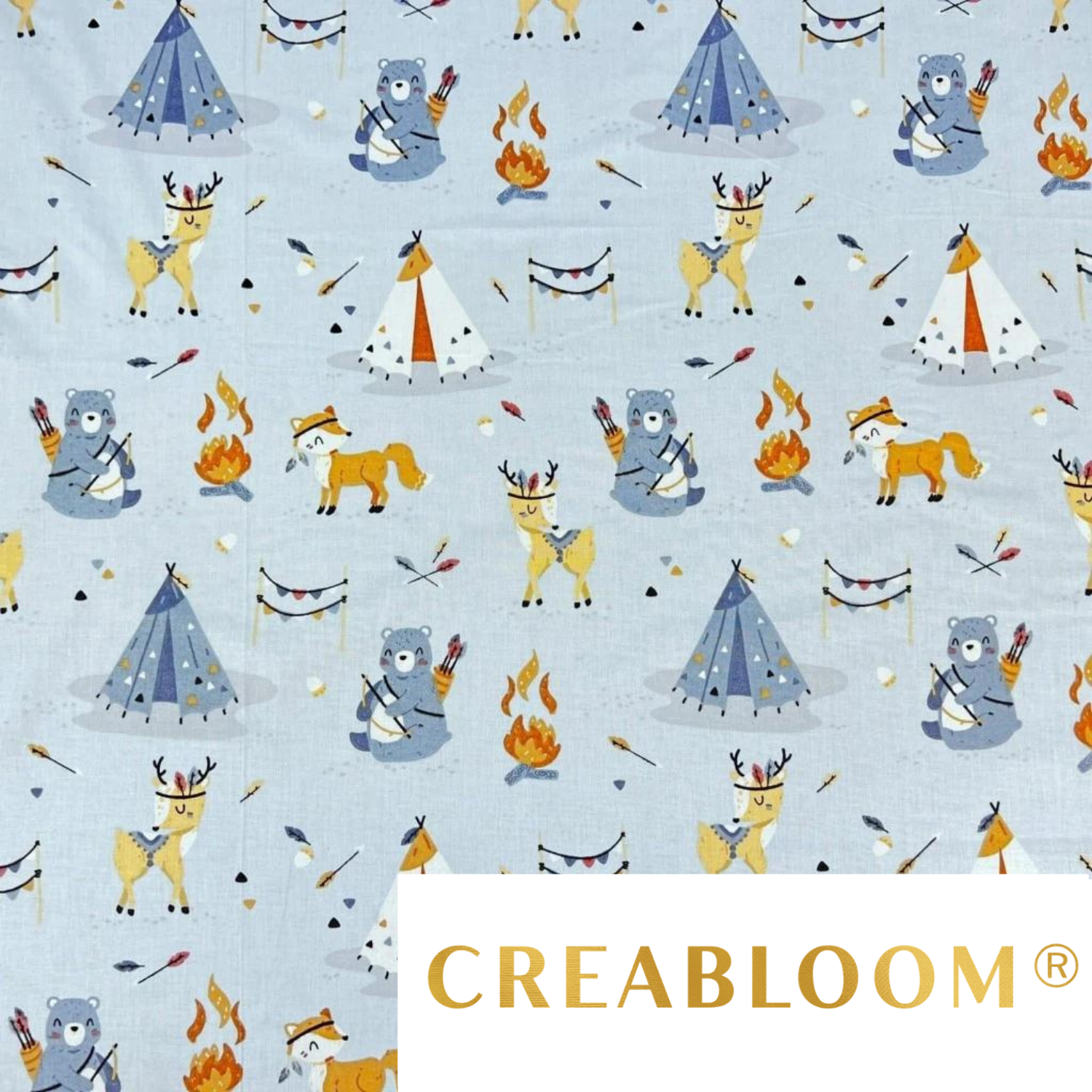 Tissu Coton Motif Animaux Indiens - Fond Bleu