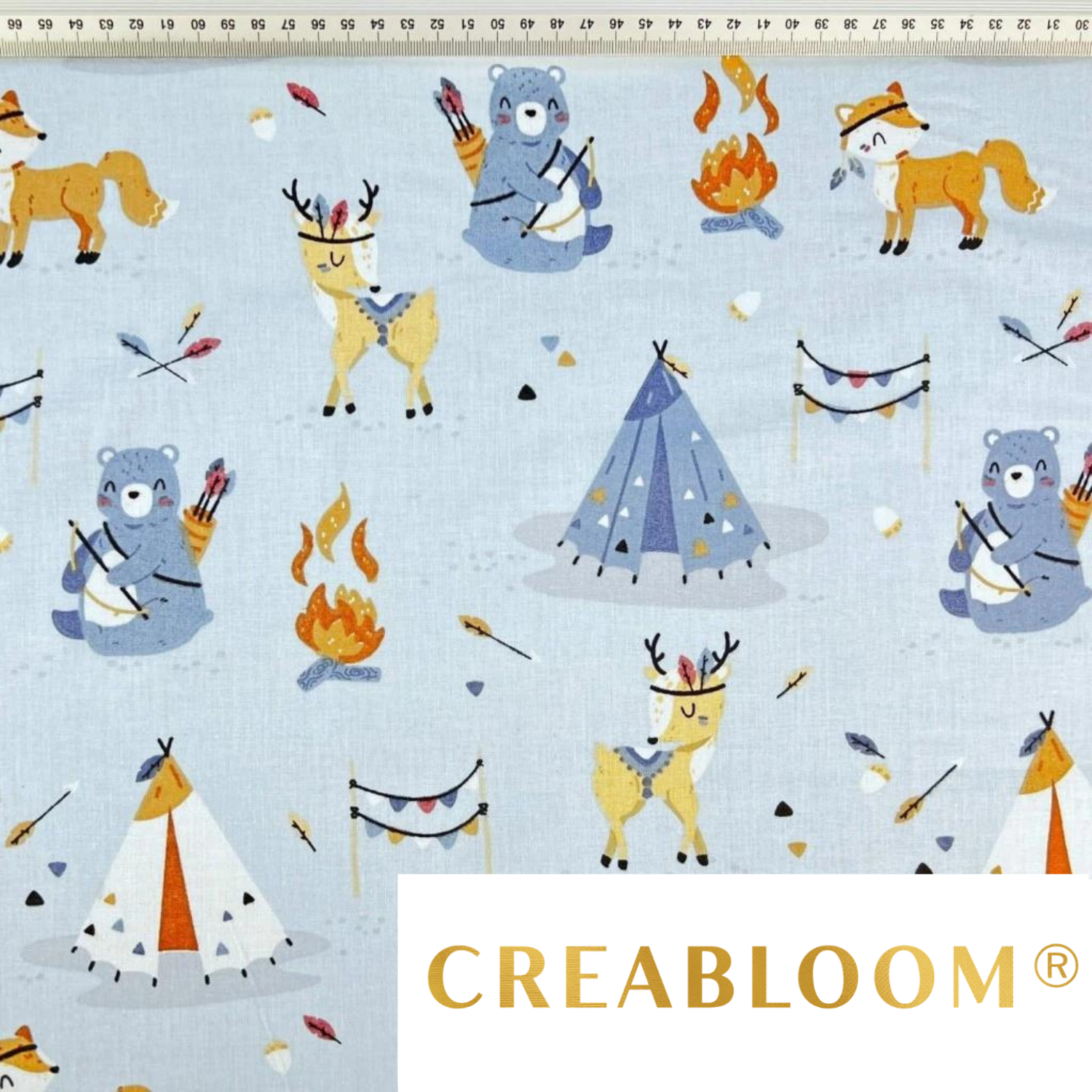 Tissu Coton Motif Animaux Indiens - Fond Bleu