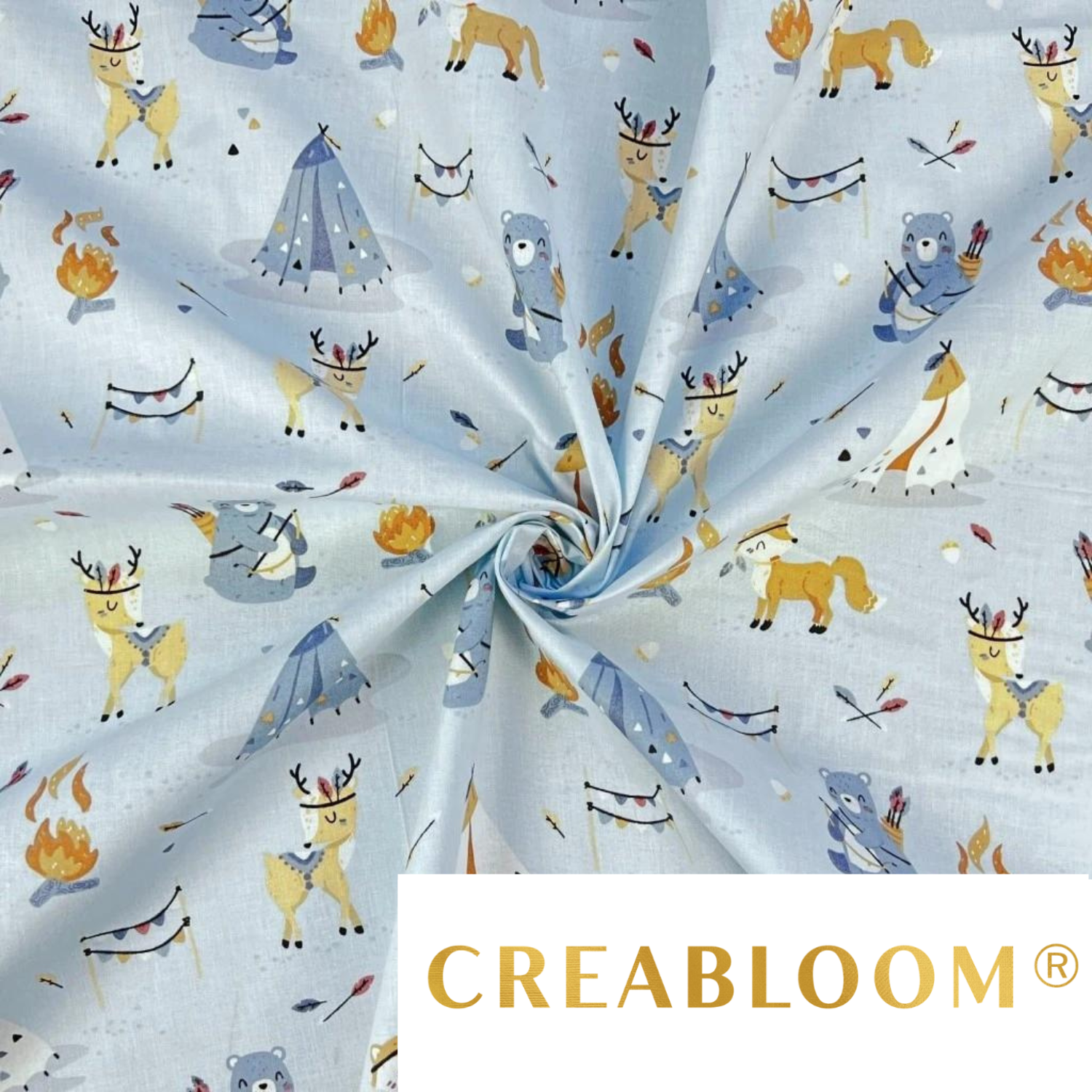 Tissu Coton Motif Animaux Indiens - Fond Bleu