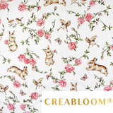 Tissu coton imprimé lapins, oiseaux et fleurs