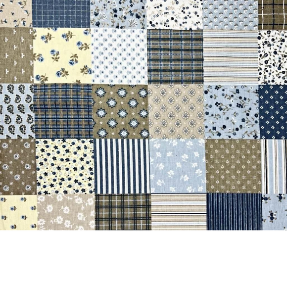 Tissu Flanelle Imprimé Patchwork Fleurs Bleu Et Beige
