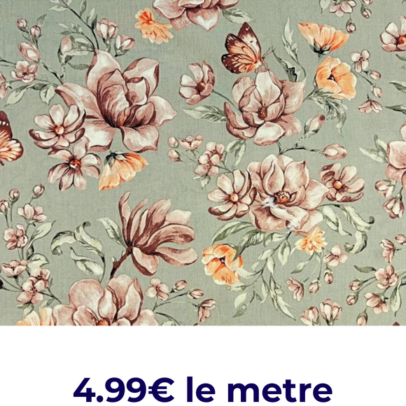 Tissu Coton Imprimé Fleurs Orange Et Marron Sur Fond Olive