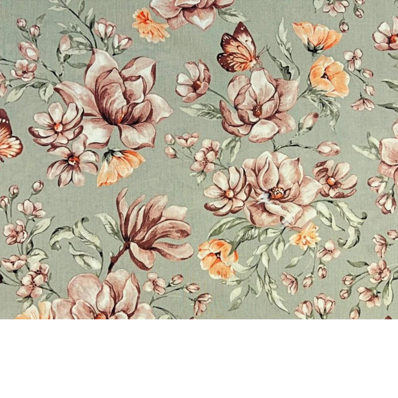 Tissu coton imprimé fleurs orange et marron sur fond olive