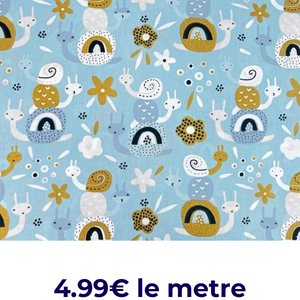 Tissu Coton Motif Escargots - Bleu Et Moutarde