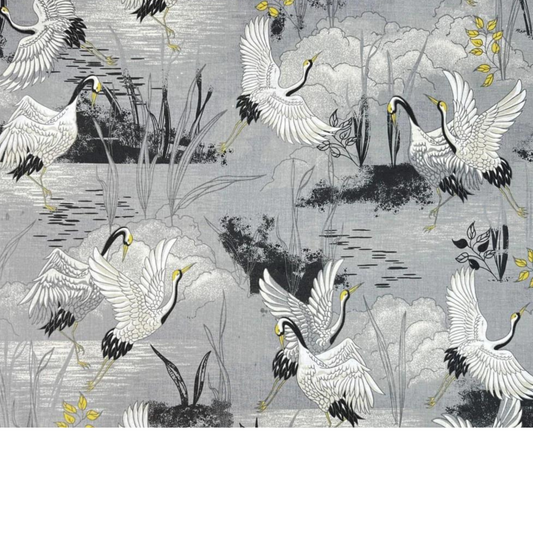 Tissu Coton Imprimé Oiseaux Et Nuages Fond Gris