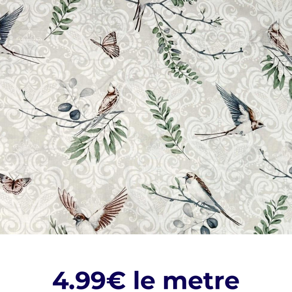 Tissu Coton Motif Oiseaux Hirondelles - Fond Beige