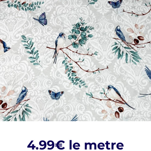Tissu Coton Motif Oiseaux Hirondelles - Fond Gris