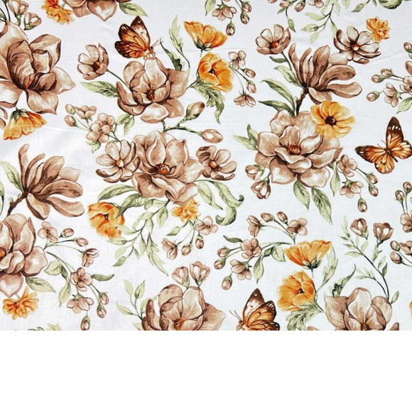 Tissu Coton Imprimé Fleurs Et Papillons - Marron Orange
