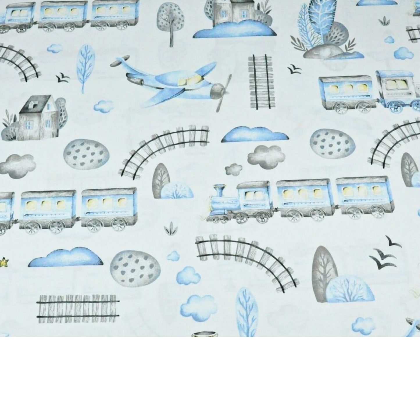 Tissu Coton Motif Train Bleu Et Gris Fond Blanc