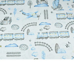 Tissu coton Motif train bleu et gris fond blanc