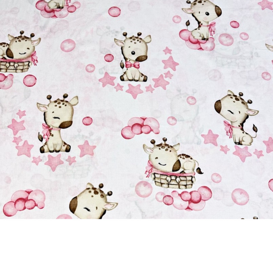 Tissu Coton Motif Bébés Girafes Rose