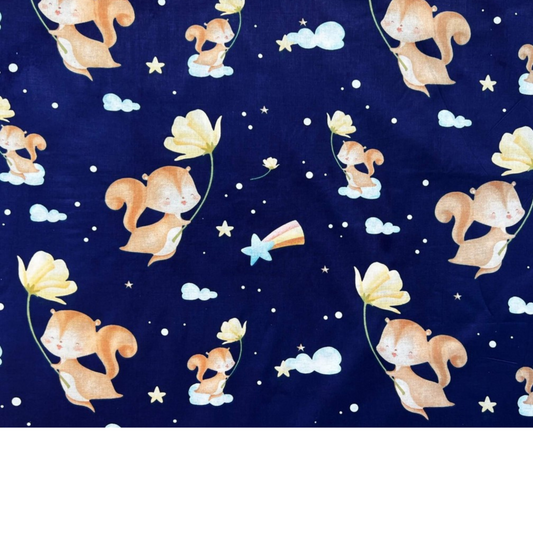 Tissu Coton Motif Écureuils Fond Bleu Marine
