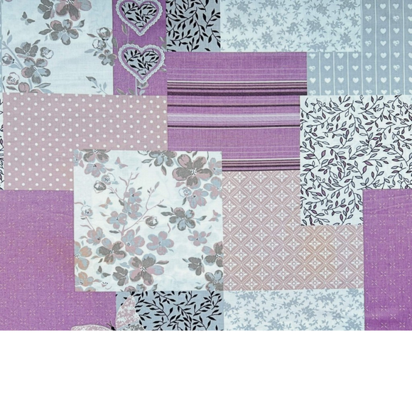 Tissu coton imprimé patchwork - Marron, Rose et Gris