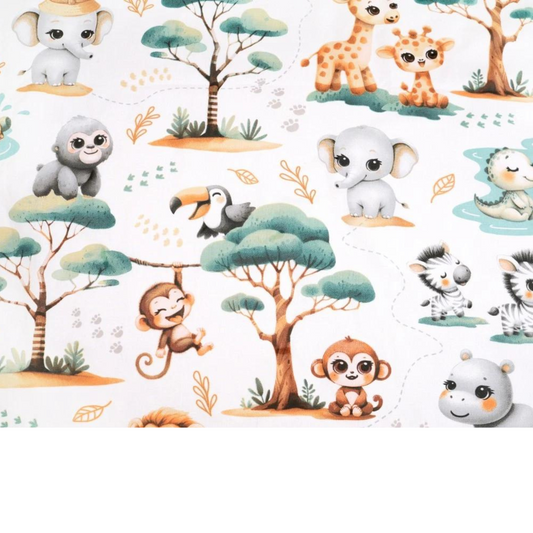 Tissu Coton Motif Animaux D’afrique Menthe Fond Blanc