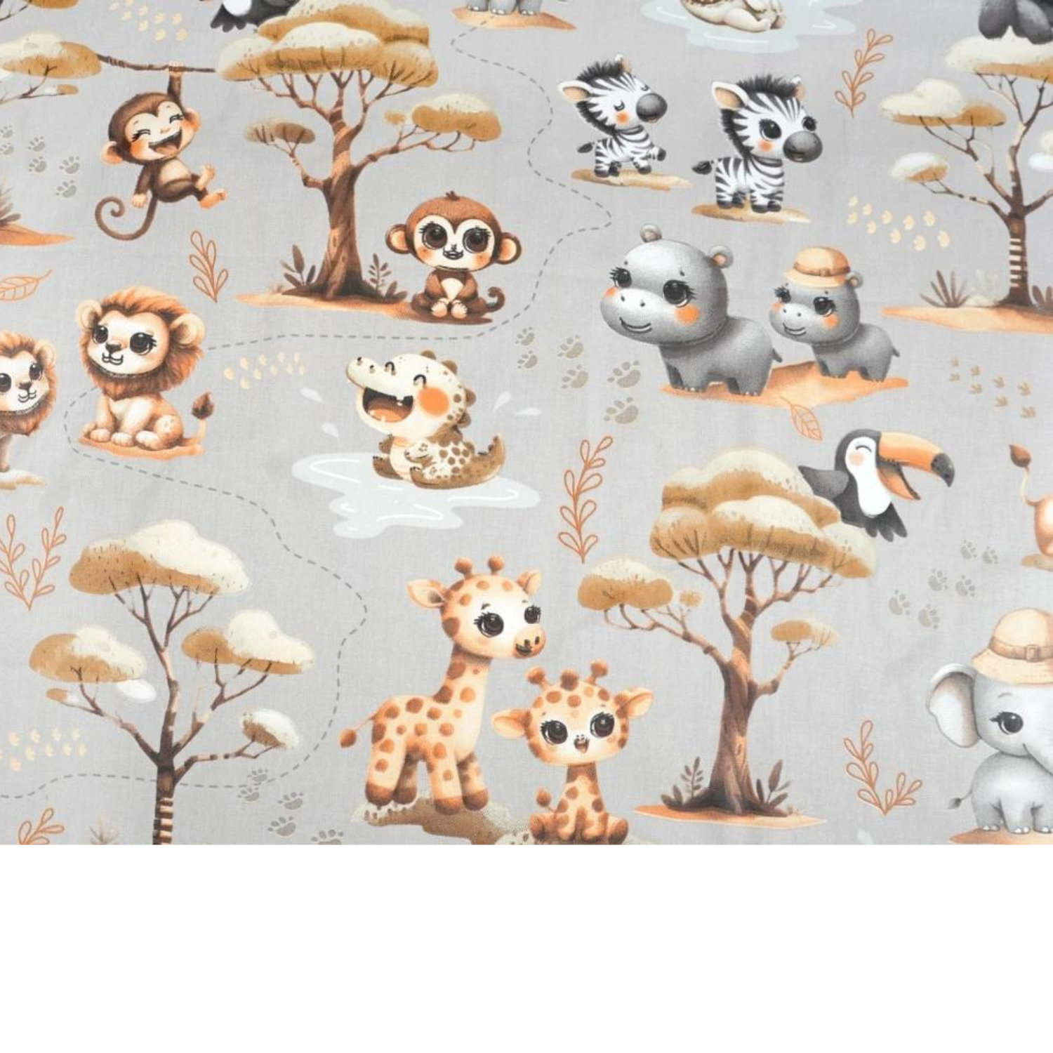 Tissu Coton Motif Animaux D’afrique Beige Fond Gris