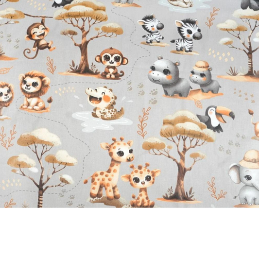 Tissu Coton Motif Animaux D’afrique Beige Fond Gris