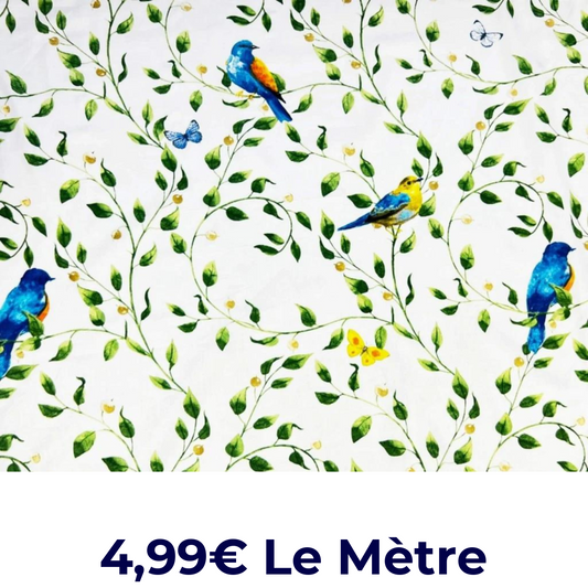 Tissu Coton Motif Fleurs Et Oiseaux