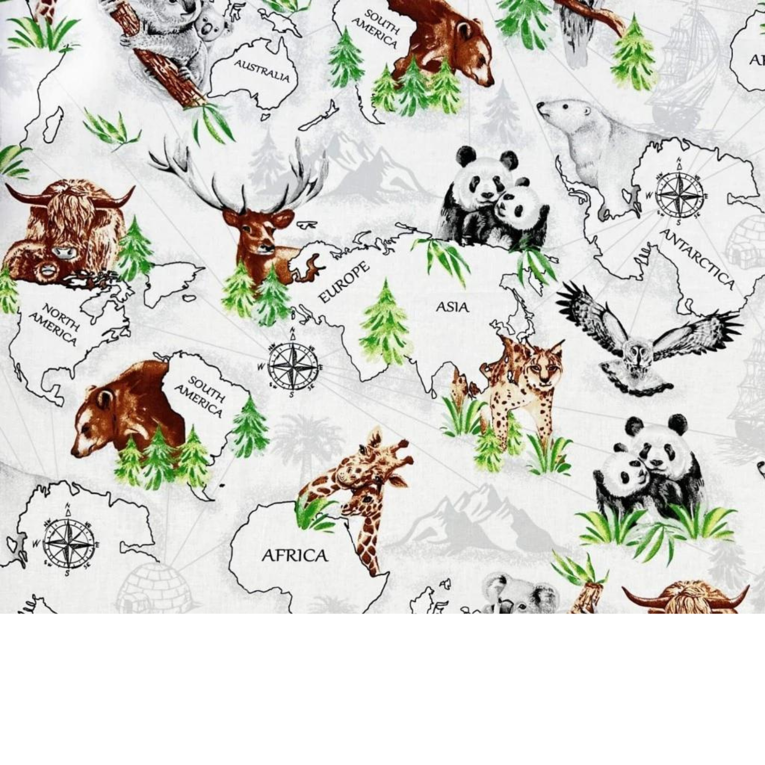 Tissu Coton Motif Continents Et Animaux