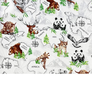 Tissu Coton Motif Continents Et Animaux