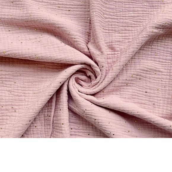 Tissu Double Gaze Rose Avec Petits Points Dorés