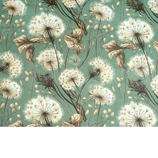 Tissu Coton Imprimé Grands Motifs Pissenlits - Beige Fond Vert Sauge