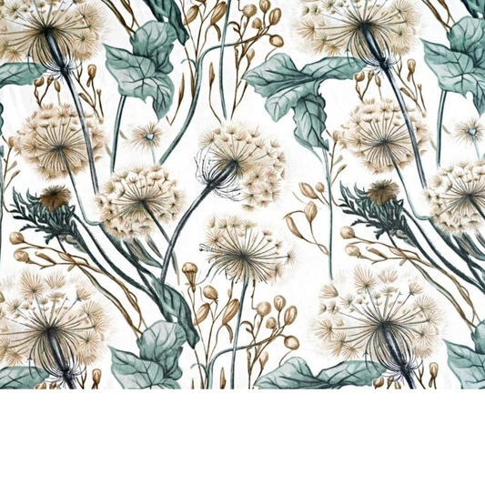Tissu Coton Imprimé Grands Motifs Pissenlits - Sauge Et Beige Fond Blanc