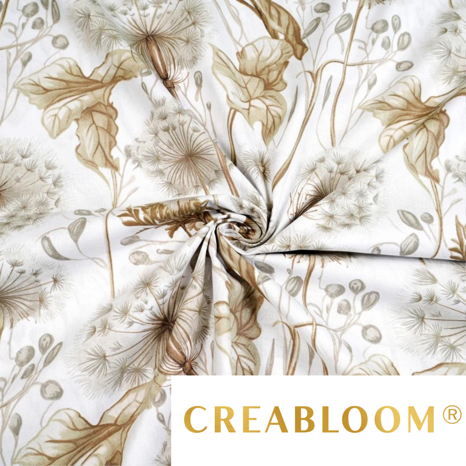 Tissu Coton Imprimé Grands Motifs Pissenlits - Beige Fond Blanc