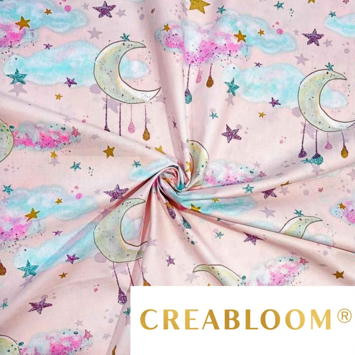 Tissu Coton Motif Nuages Et Lunes - Fond Rose