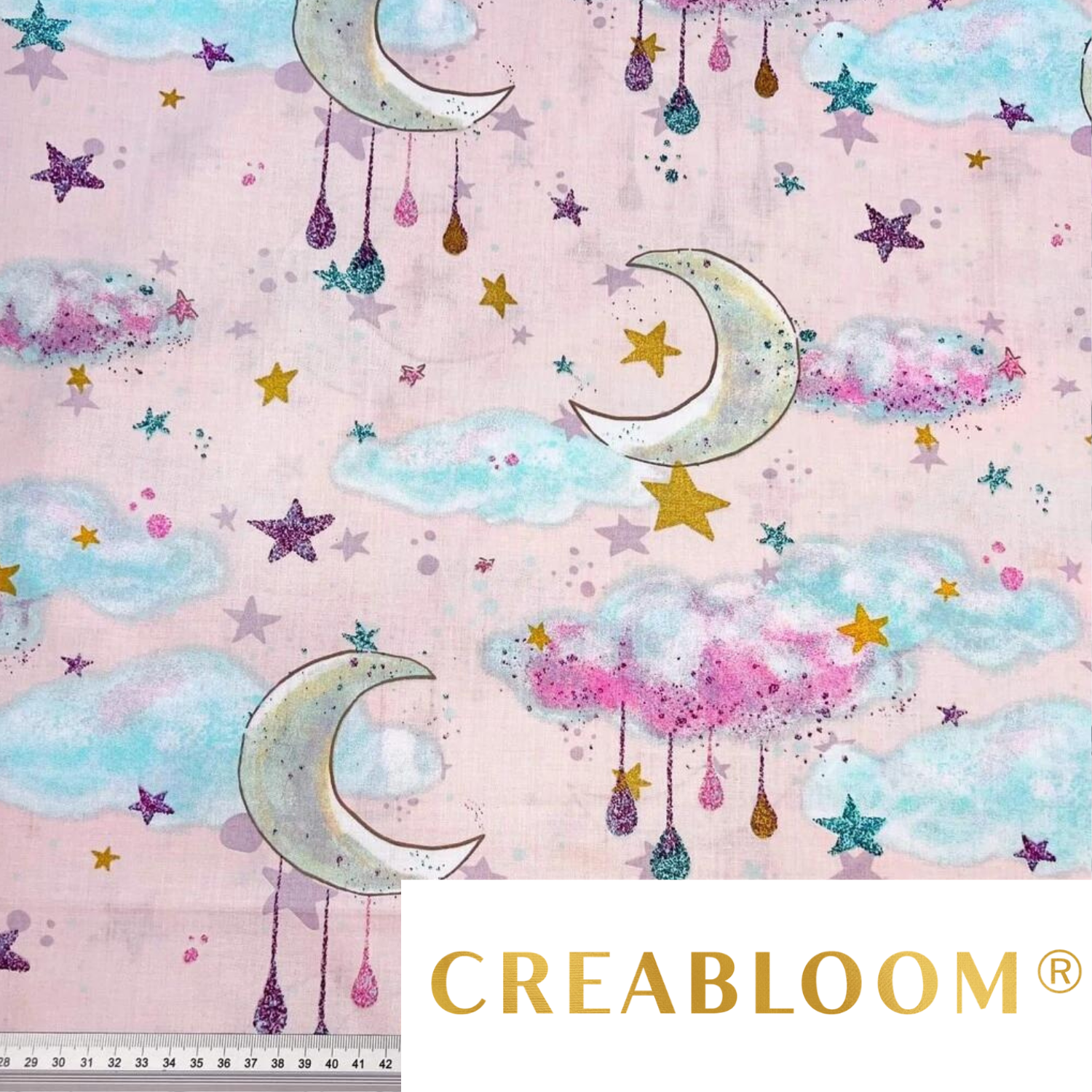 Tissu Coton Motif Nuages Et Lunes - Fond Rose