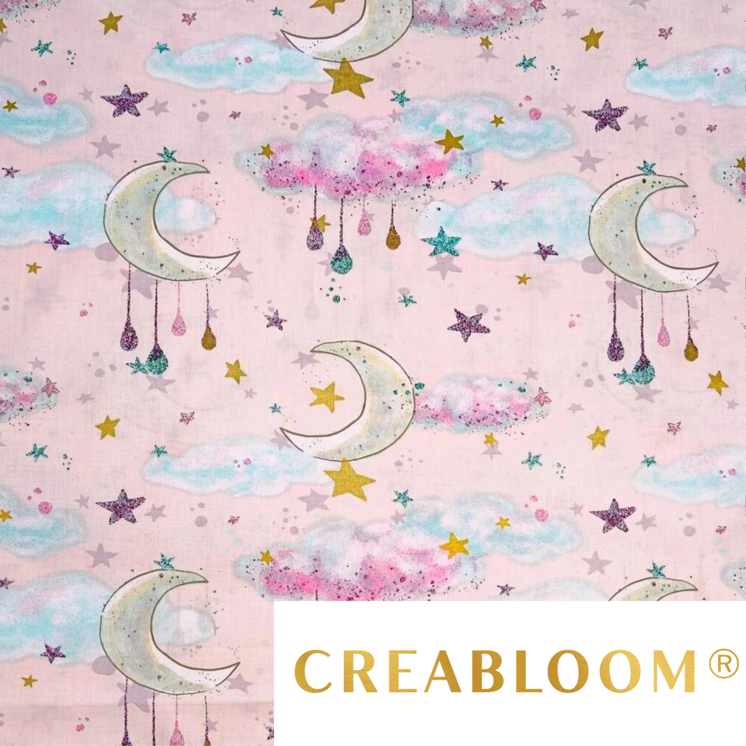 Tissu Coton Motif Nuages Et Lunes - Fond Rose