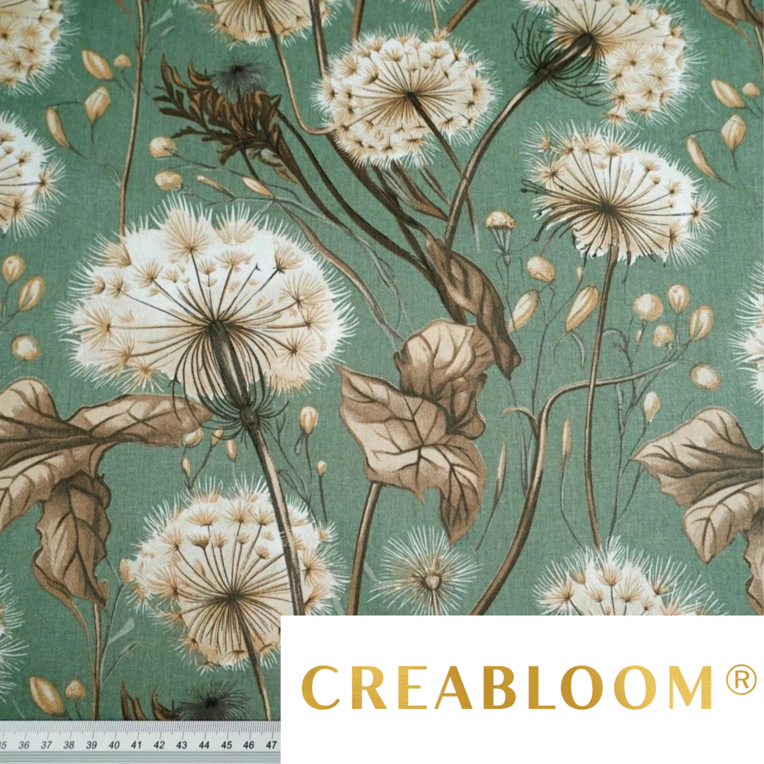 Tissu Coton Imprimé Grands Motifs Pissenlits - Beige Fond Vert Sauge