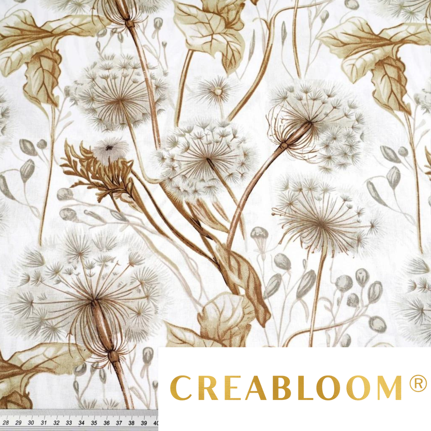 Tissu Coton Imprimé Grands Motifs Pissenlits - Beige Fond Blanc