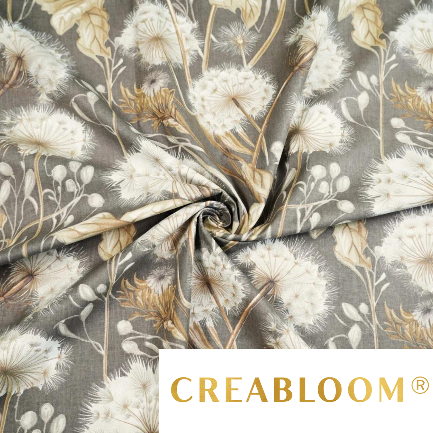 Tissu Coton Imprimé Grands Motifs Pissenlits - Gris Et Beige Fond Beige/Gris