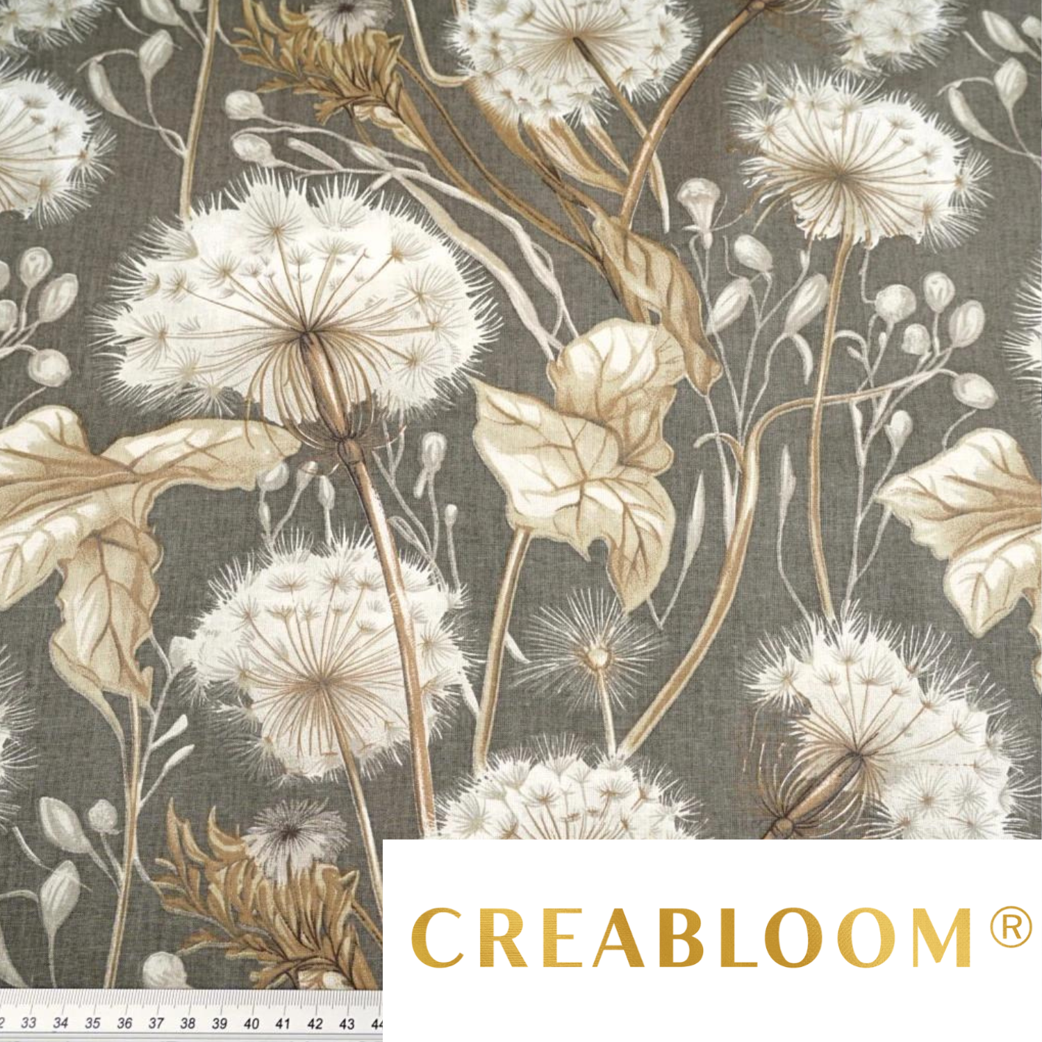 Tissu Coton Imprimé Grands Motifs Pissenlits - Gris Et Beige Fond Beige/Gris