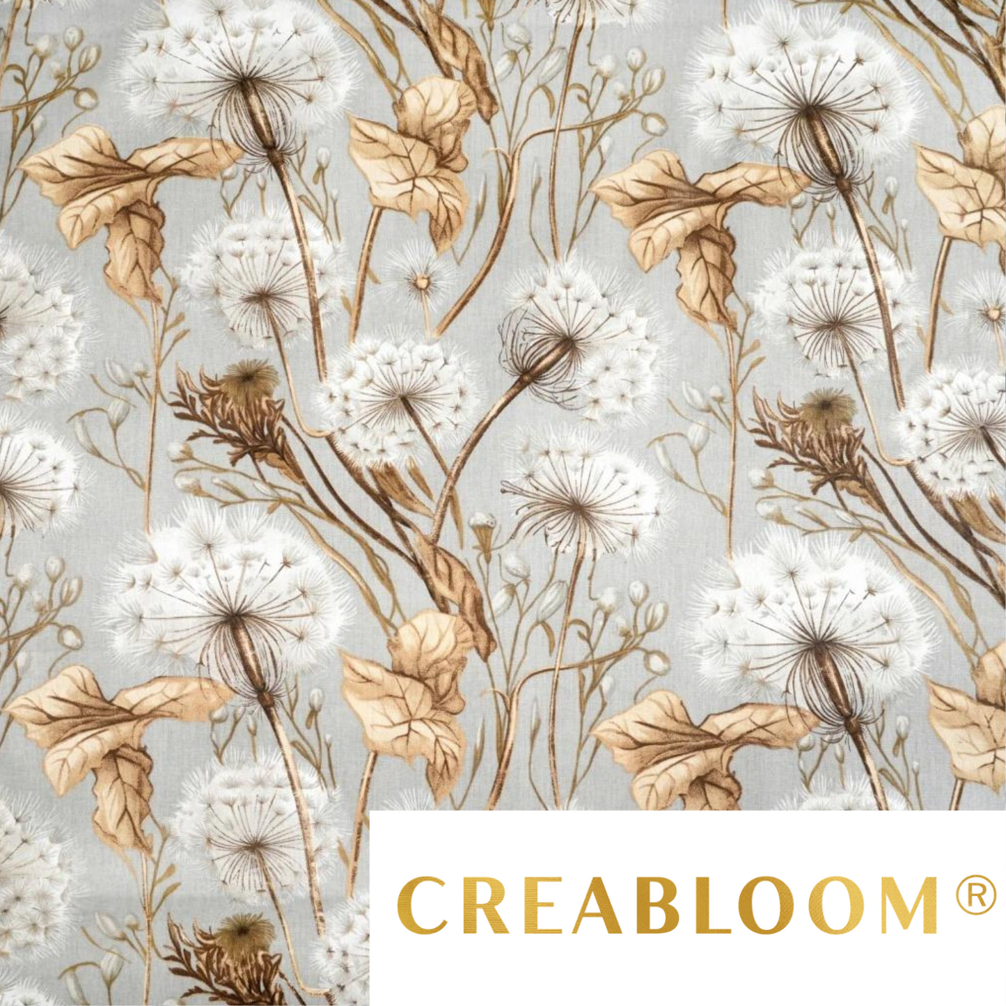 Tissu Coton Imprimé Grands Motifs Pissenlits - Beige Fond Gris Clair