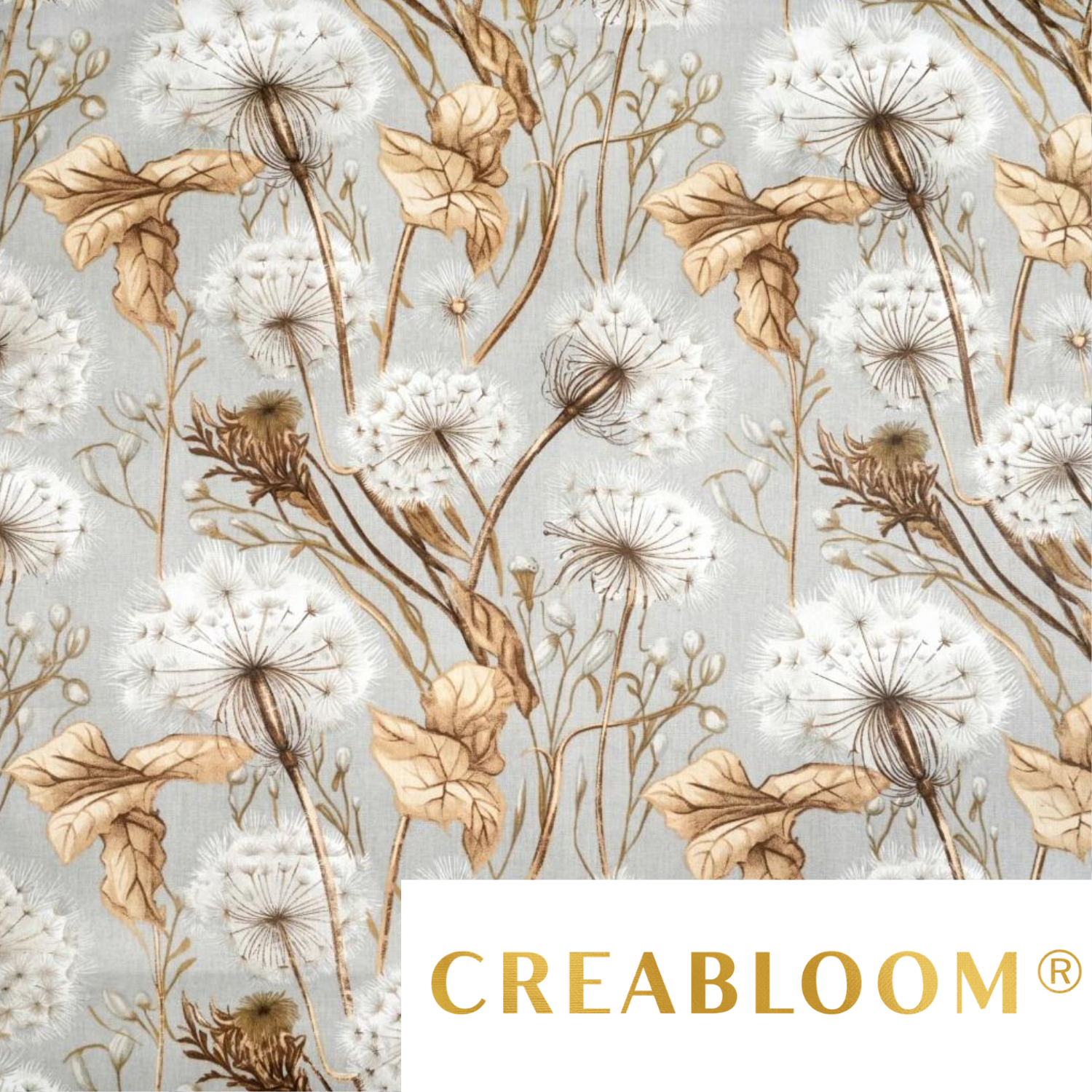 Tissu Coton Imprimé Grands Motifs Pissenlits - Beige Fond Gris Clair
