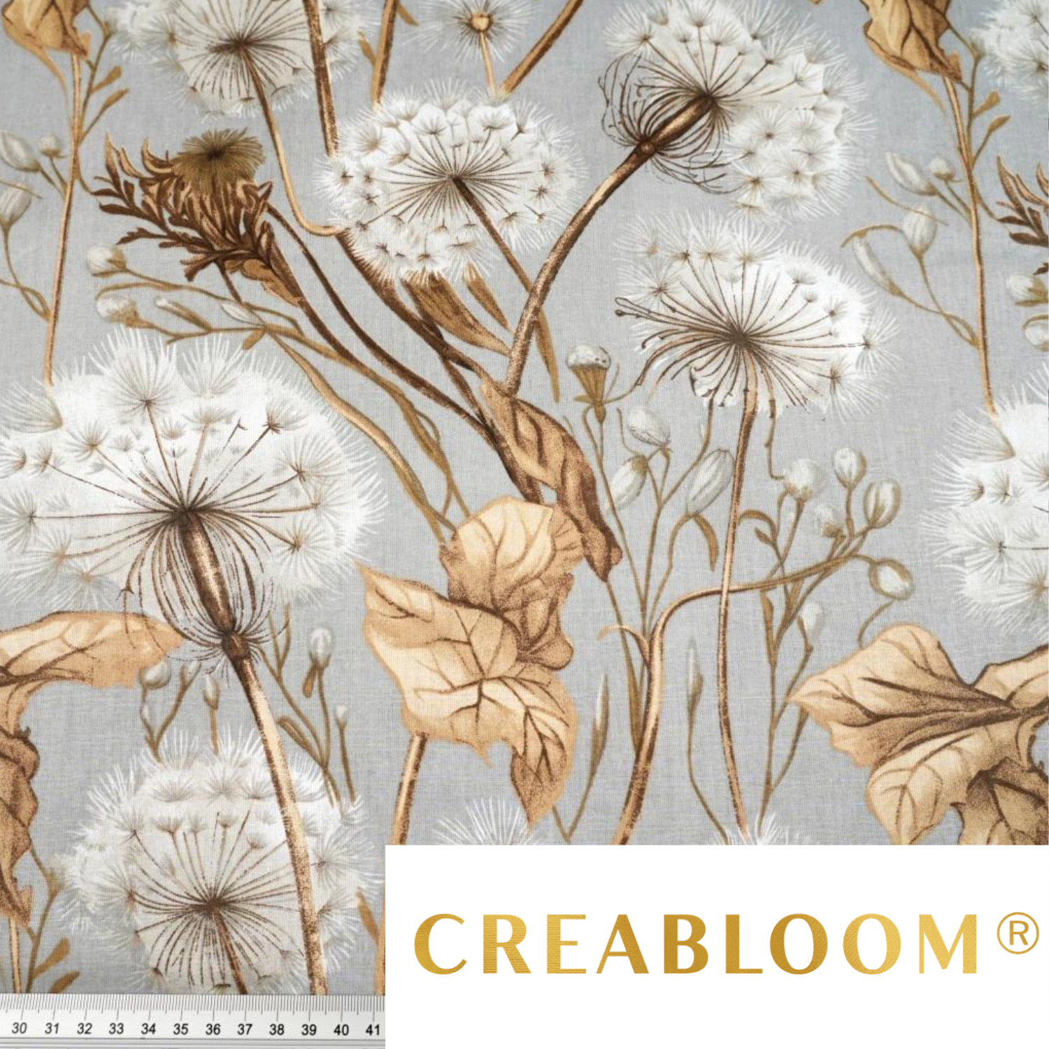 Tissu Coton Imprimé Grands Motifs Pissenlits - Beige Fond Gris Clair