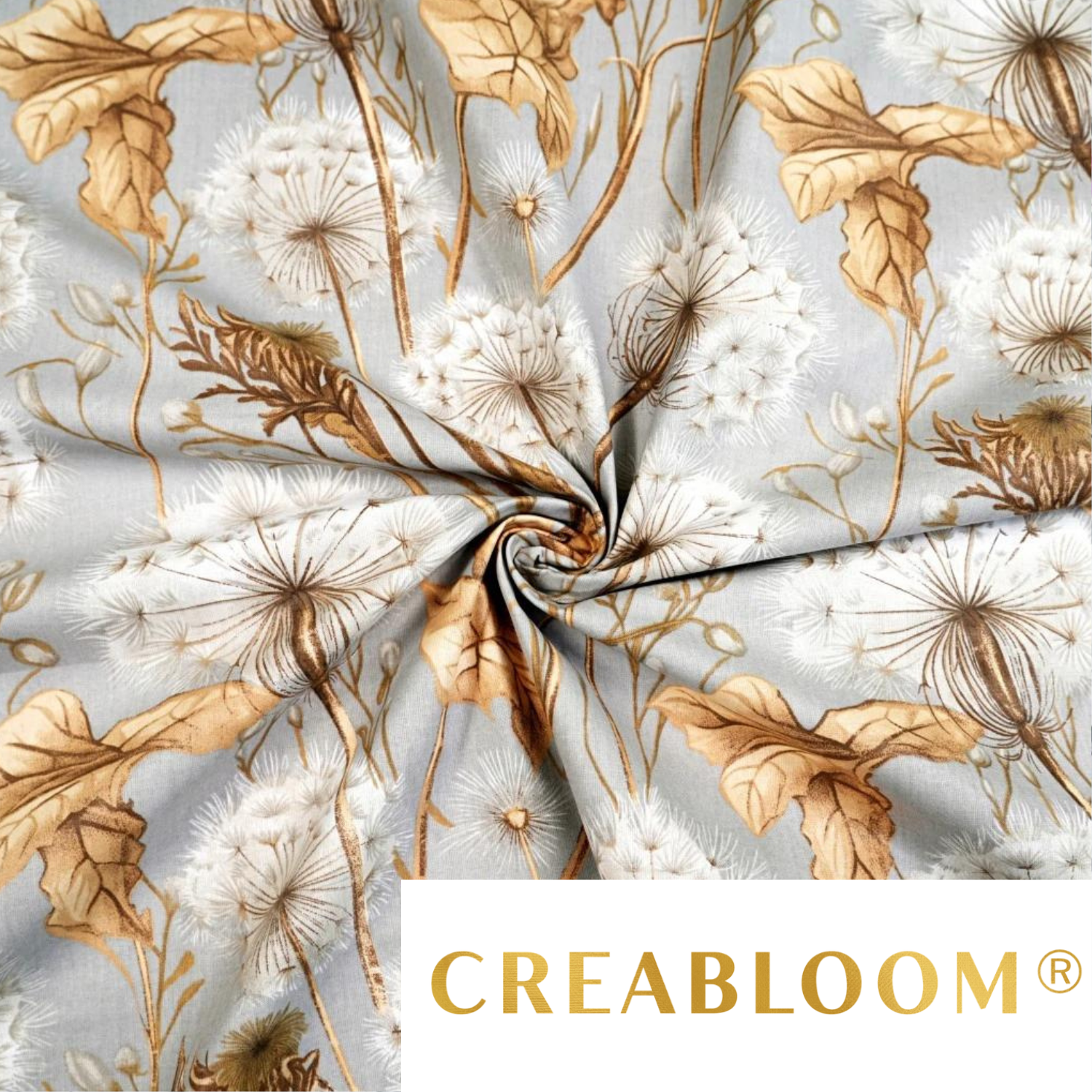Tissu Coton Imprimé Grands Motifs Pissenlits - Beige Fond Gris Clair