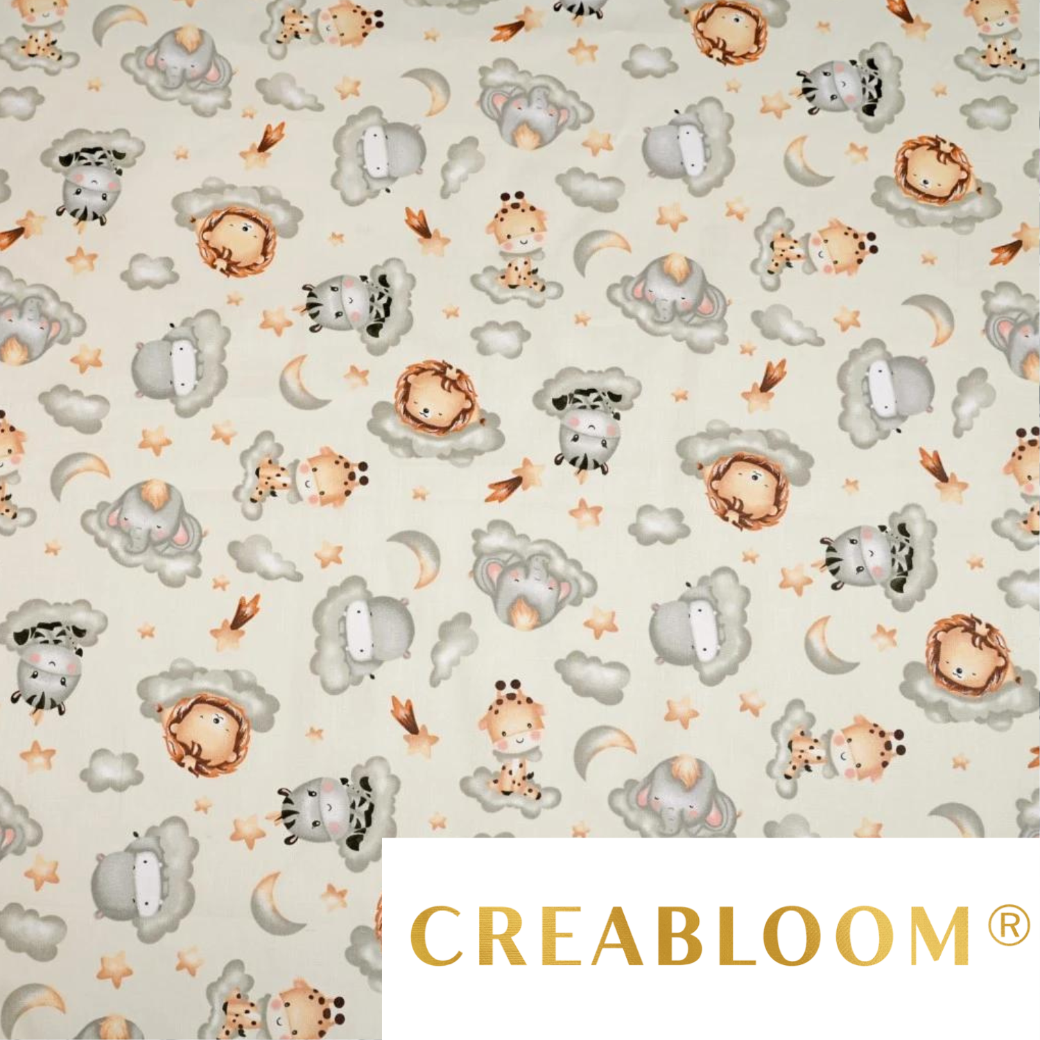 Tissu Coton Motif Animaux Nuages Gris Fond Ecru