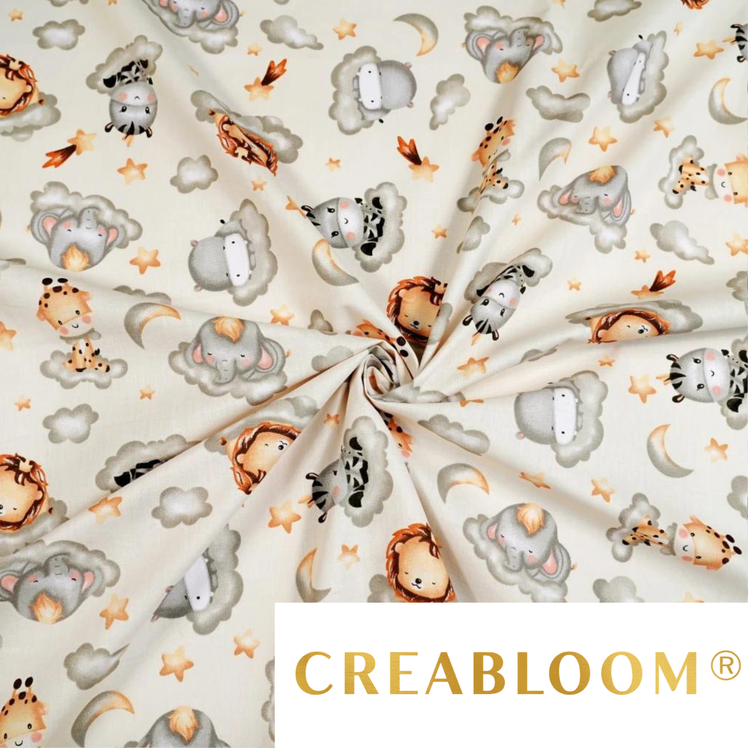 Tissu Coton Motif Animaux Nuages Gris Fond Ecru