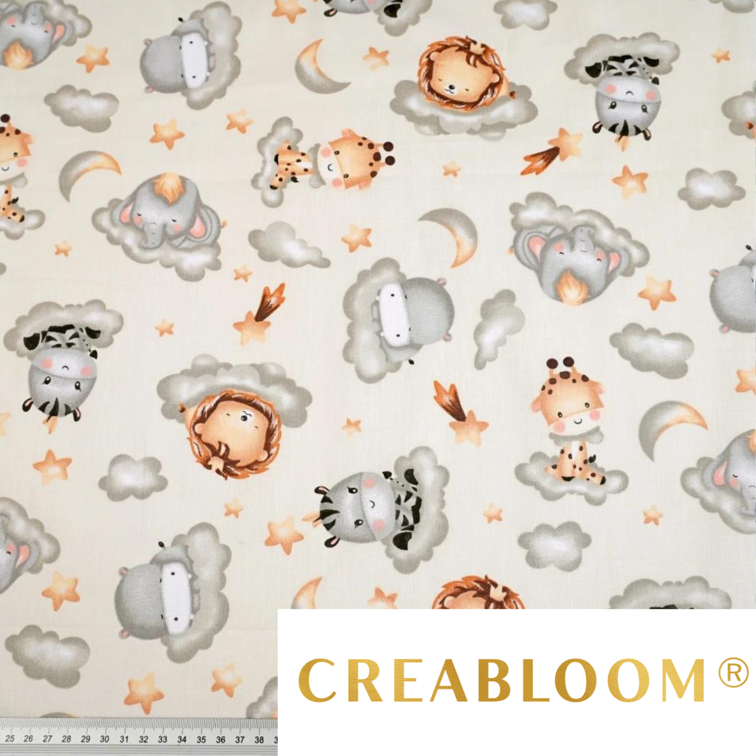 Tissu Coton Motif Animaux Nuages Gris Fond Ecru