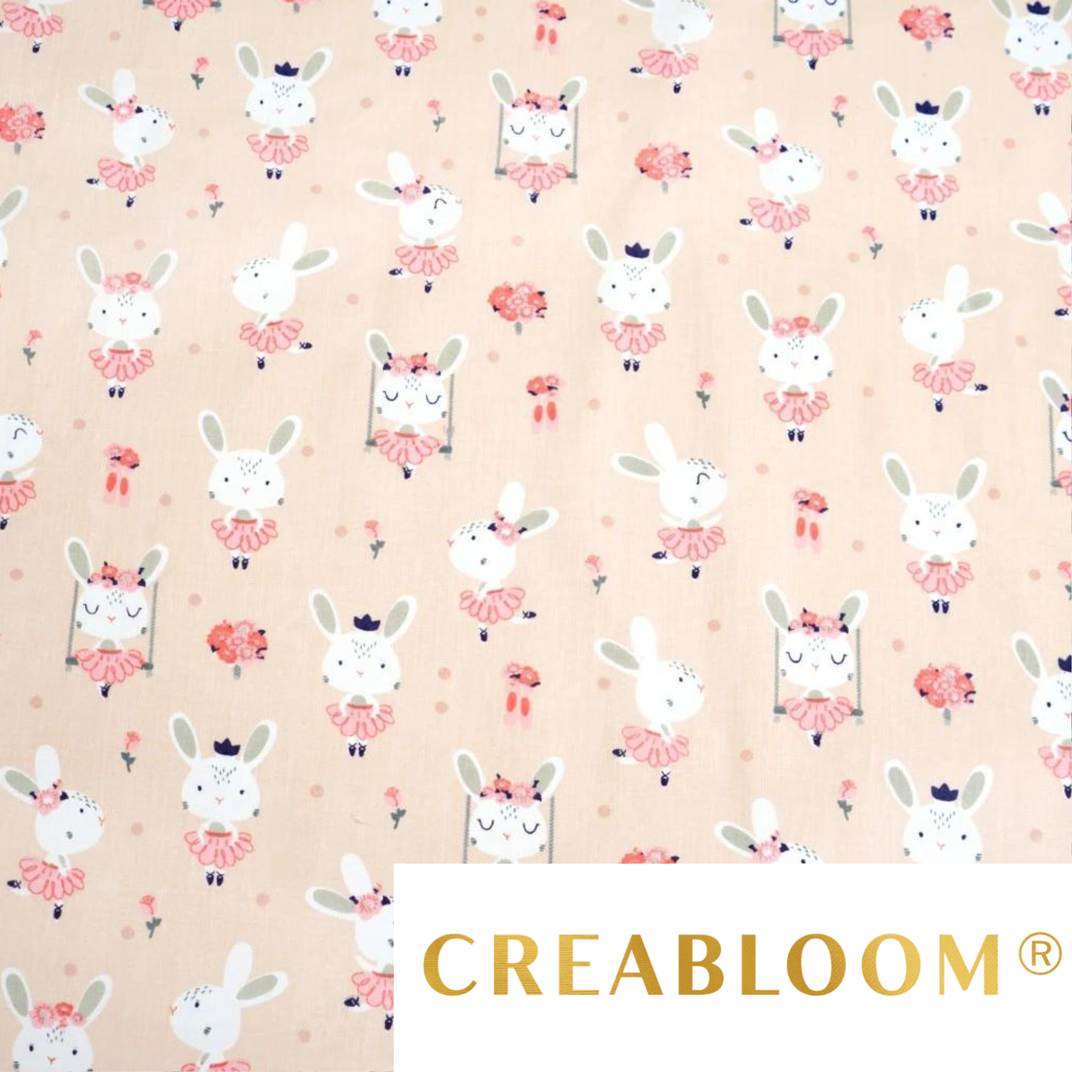 Tissu Coton Motif Lapins - Fond Abricot