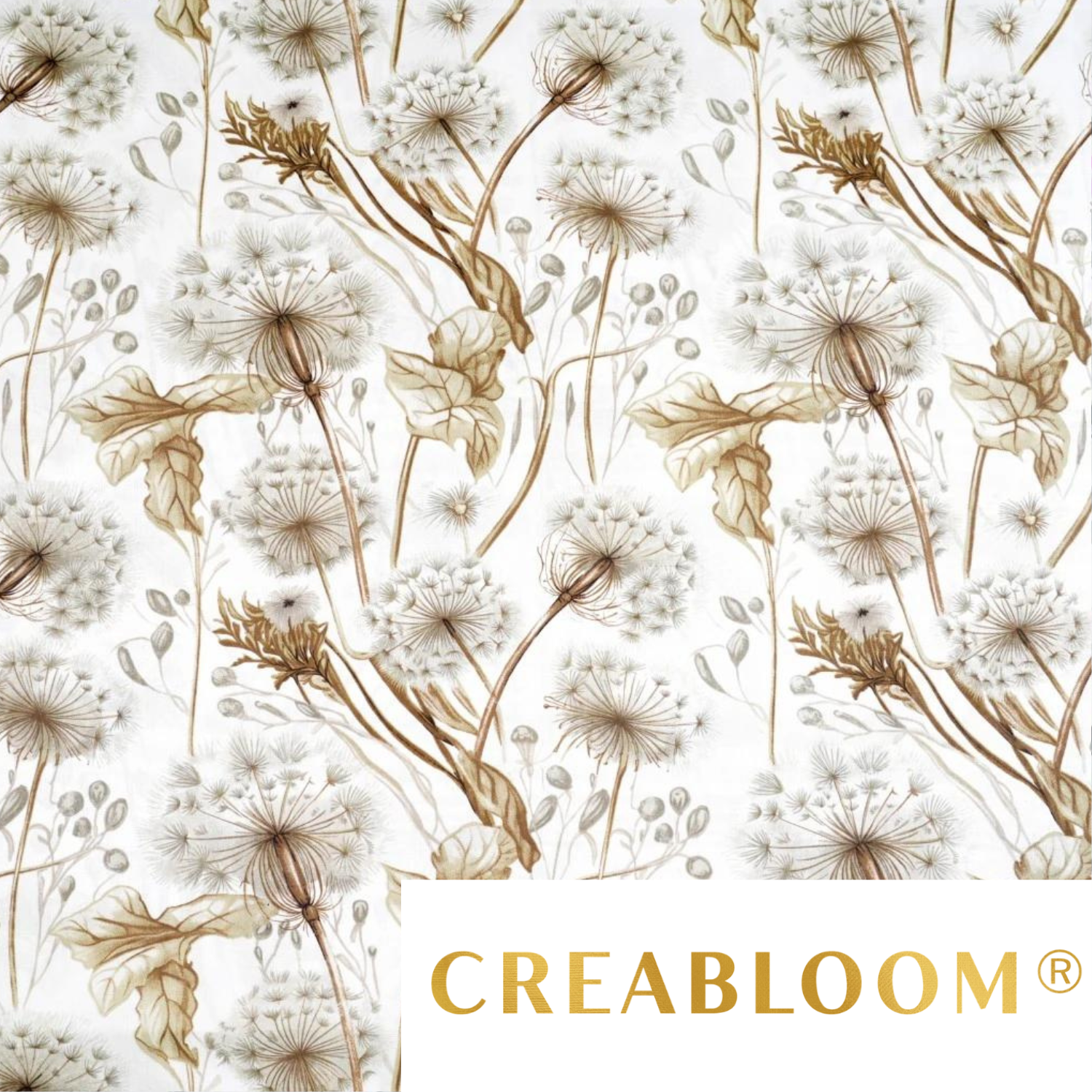 Tissu Coton Imprimé Grands Motifs Pissenlits - Beige Fond Blanc