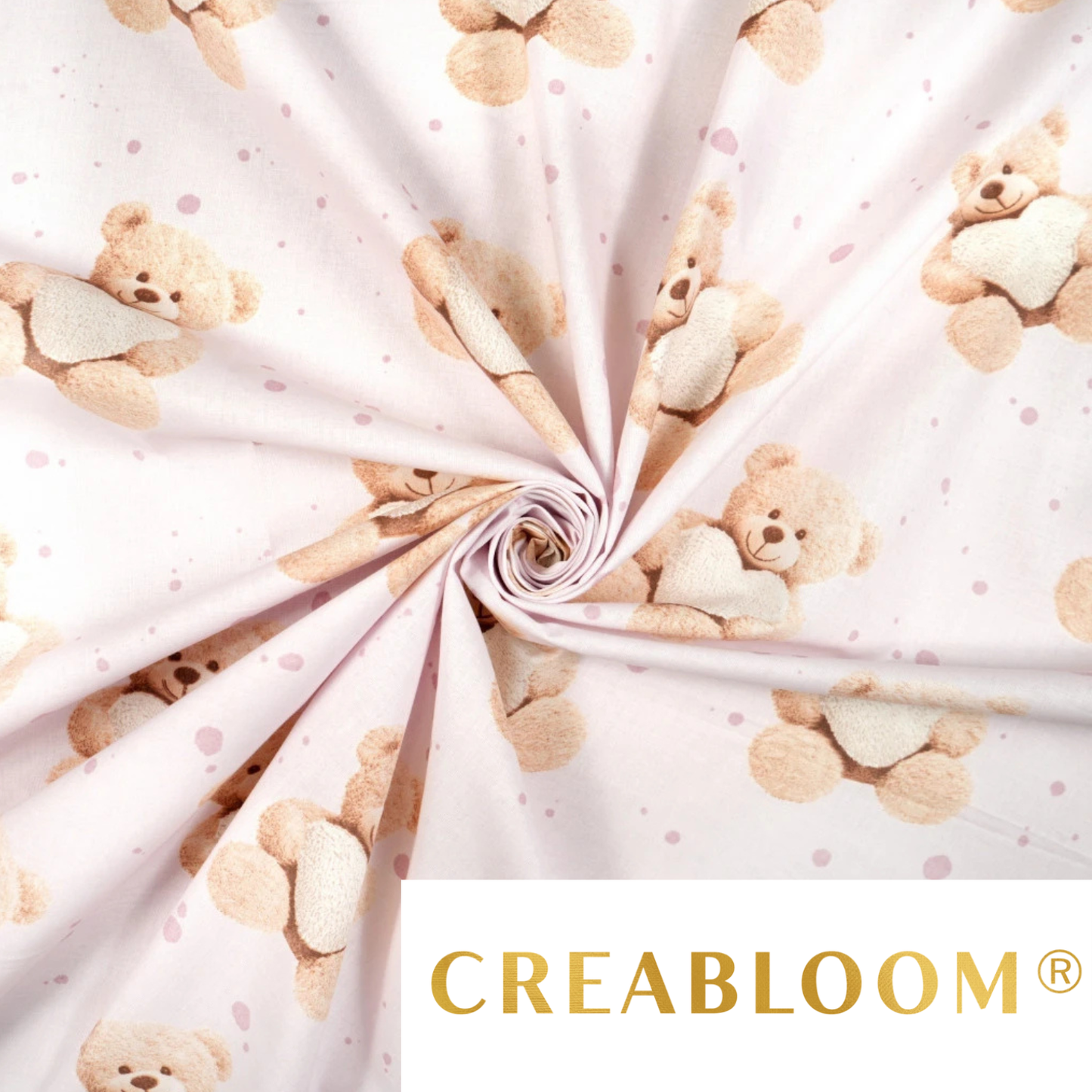 Tissu coton Motif oursons avec cœurs fond rose clair